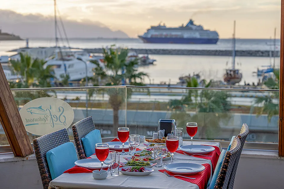 A table set with glasses of red drinks and meze, with a cruise ship in the harbour seen from the terrace